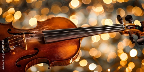 A violin is shown in a blurry image with a golden background. Concept of warmth and nostalgia, as the golden hues and the blurred background create a dreamy, ethereal atmosphere photo