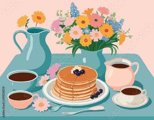 Still life of pancakes, a tray, a bouquet of flowers and a jug, a gravy boat. Proper nutrition, veganism. All items are separate. Isolated vector objects.