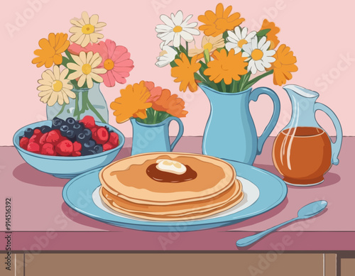 Still life of pancakes, a tray, a bouquet of flowers and a jug, a gravy boat. Proper nutrition, veganism. All items are separate. Isolated vector objects.