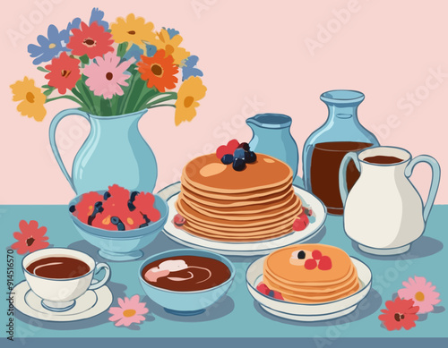 Still life of pancakes, a tray, a bouquet of flowers and a jug, a gravy boat. Proper nutrition, veganism. All items are separate. Isolated vector objects.