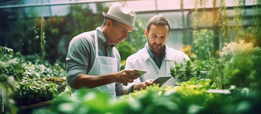 Two Men Inspecting Plants in a Greenhouse Two Men Inspecting Plants in a Greenhouse