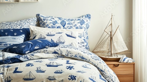 Cozy Nautical-Themed Bedroom with Blue and White Bedding and Model Sailboat Decor