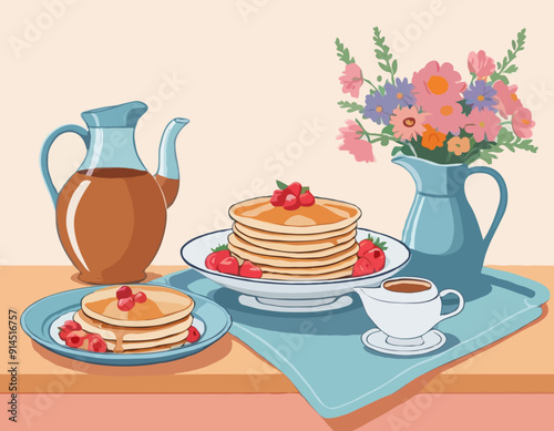 Still life of pancakes, a tray, a bouquet of flowers and a jug, a gravy boat. Proper nutrition, veganism. All items are separate. Isolated vector objects.