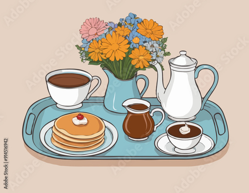 Still life of pancakes, a tray, a bouquet of flowers and a jug, a gravy boat. Proper nutrition, veganism. All items are separate. Isolated vector objects.