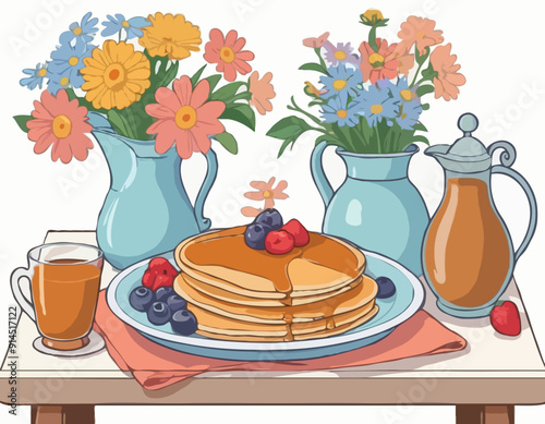 Still life of pancakes, a tray, a bouquet of flowers and a jug, a gravy boat. Proper nutrition, veganism. All items are separate. Isolated vector objects.
