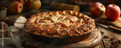 Freshly baked apple pie with a flaky golden crust, 4K hyperrealistic photo