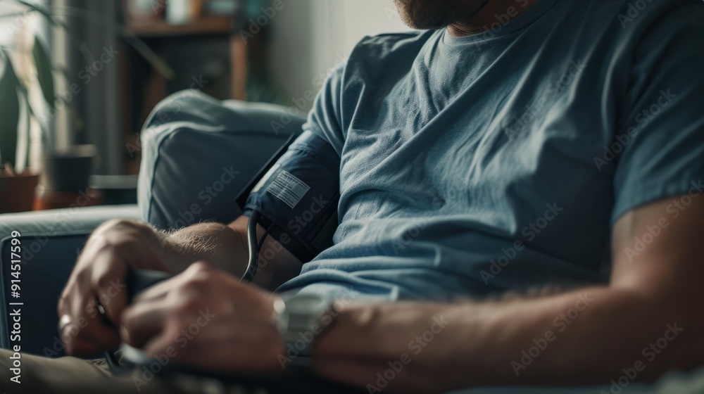 Man checking blood pressure at home, focusing on health monitoring and personal care. Man checking blood pressure at home, focusing on health monitoring and personal care.