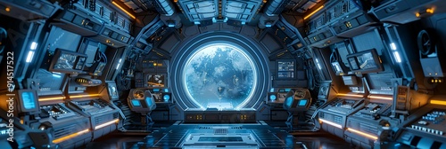 A futuristic space station with a large window that shows the Earth. The room is filled with monitors and buttons, giving the impression of a high-tech environment