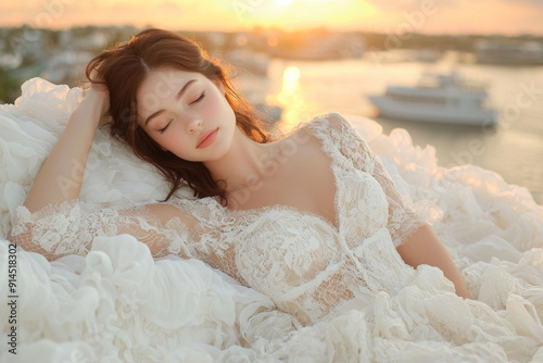A Beautiful Woman Sleeping on a Cloud Above a Tranquil Landscape at Sunset.