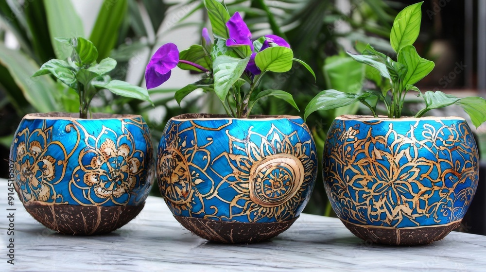 Vibrant Hand-Painted Flower Pots with Fresh Greenery and Purple Blossoms Vibrant Hand-Painted Flower Pots with Fresh Greenery and Purple Blossoms