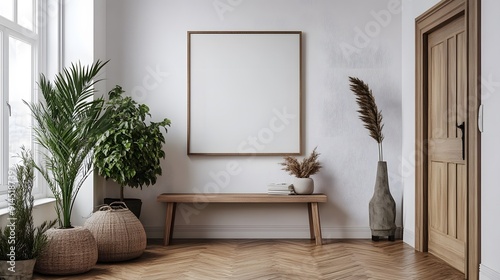 a simple clean entryway with a blank picture frame hanging above the entry table photo