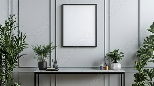 a simple clean entryway with a blank picture frame hanging above the entry table photo