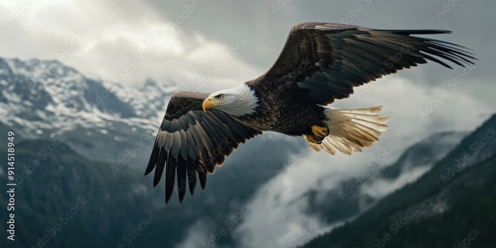 Fototapeta premium A majestic bald eagle soaring through the sky with mountain peaks visible in the background