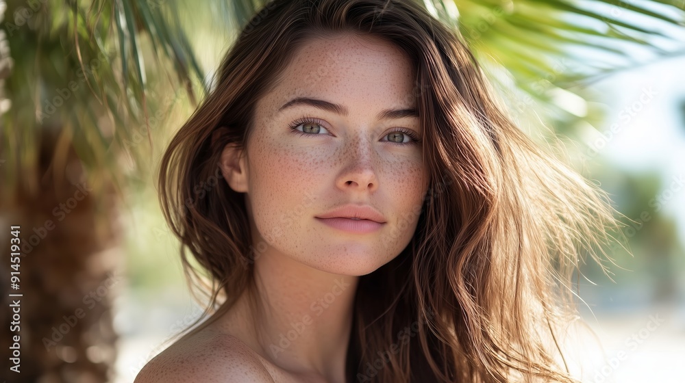 Young Woman Smiling Naturally Under Palm Trees at a Sunny Beach Young Woman Smiling Naturally Under Palm Trees at a Sunny Beach