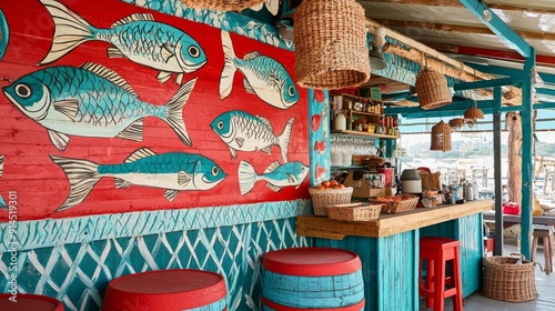 Colorful Beachside Cafe With Nautical Wall Art and Coastal Decor