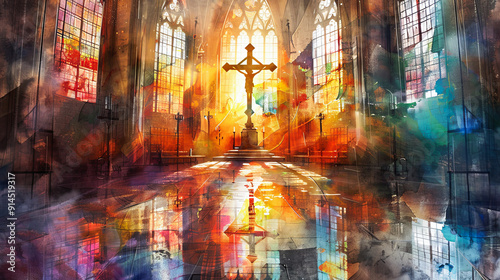 Wallpaper Mural Colorful church interior with crucifix and stained glass windows faith religion christianity cathedral architecture holy spiritual chapel belief god jesus christ worship prayer Torontodigital.ca