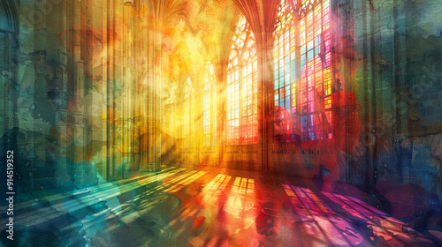 Gothic church interior stained glass windows sun rays architecture cathedral religious building chapel historical old ancient faith religion spirituality ambiance atmosphere colorful abstract art