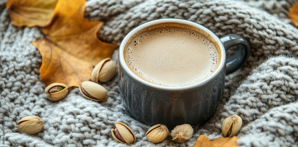 A warm and cozy autumn scene featuring a grey mug of steaming coffee, scattered pistachios, and a knitted grey blanket, surrounded by fallen golden leaves, evoking a sense of comfort. A warm and cozy autumn scene featuring a grey mug of steaming coffee, scattered pistachios, and a knitted grey blanket, surrounded by fallen golden leaves, evoking a sense of comfort.