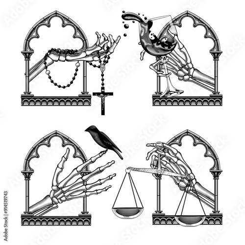 A set of icons of skeleton hands in a gothic window frame holding rosary beads with a cross, a glass of splashing wine, a sitting bird and an old scales. 
Vector illustration in engraving style