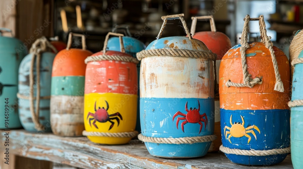 Colorful Nautical Buoys with Crab Motifs on Display at Coastal Shop Colorful Nautical Buoys with Crab Motifs on Display at Coastal Shop