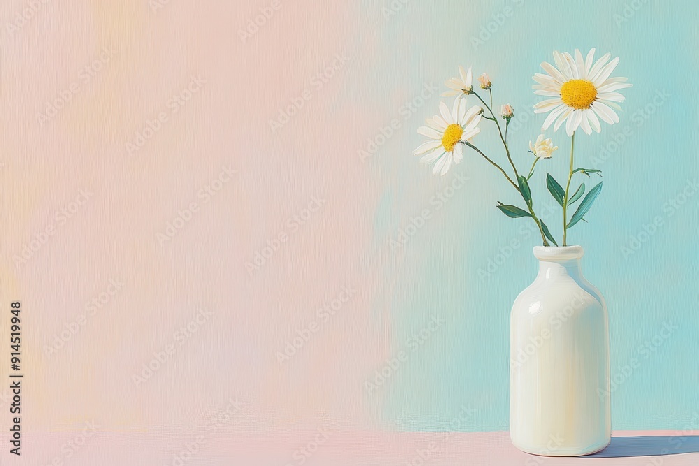 Minimalistic Daisy Bouquet in White Vase on Pastel Gradient Background Minimalistic Daisy Bouquet in White Vase on Pastel Gradient Background