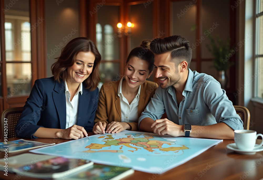 Fototapeta premium Female travel consultant discussing trip plans with young couple in office