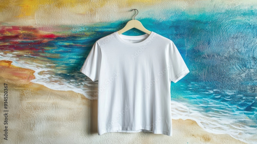 White T-Shirt on Artistic Watercolor Beach-Themed Background Wall White T-Shirt on Artistic Watercolor Beach-Themed Background Wall
