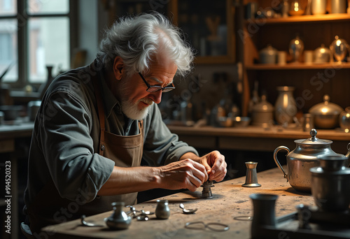 Senior silversmith shaping silver tea infuser in workshop