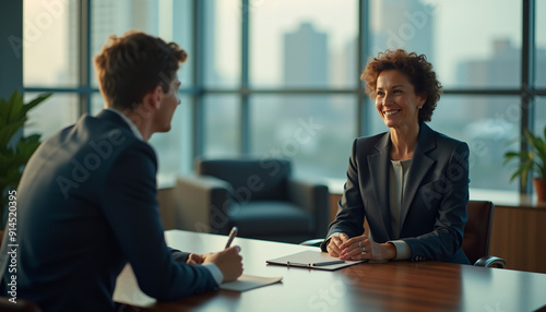 Businesswoman interviewing job candidate in modern office