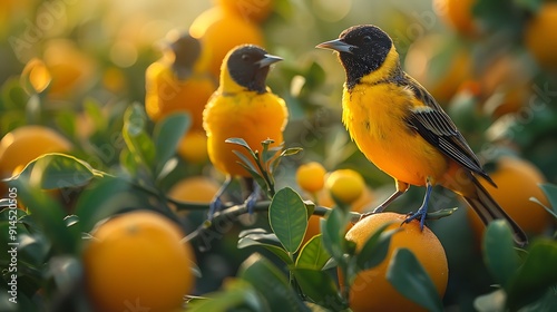 Vibrant citrus orchard flock of colorful Orioles Oriolus sp perched among branch their bright plumage adding burst of color lush greenery of orchard  photo