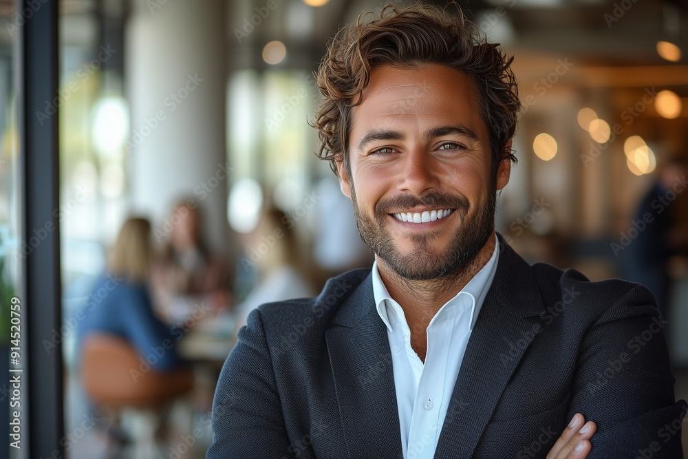 portrait of Handsome smiling young successful businessman consultant looking at camera and smiling with folded arms inside house. portrait of Handsome smiling young successful businessman consultant looking at camera and smiling with folded arms inside house.