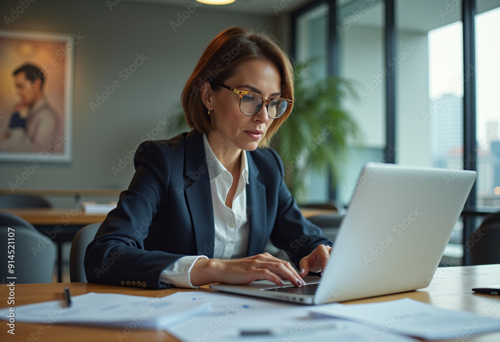 Businesswoman typing on MacBook at modern office desk Businesswoman typing on MacBook at modern office desk