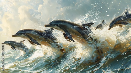 Group of graceful dolphin Delphinidae family leaping joyfully out of sparkling ocean wave their sleek body glistening sunlight they playfully frolic their natural marine habitat Keywords dolphin ocean photo