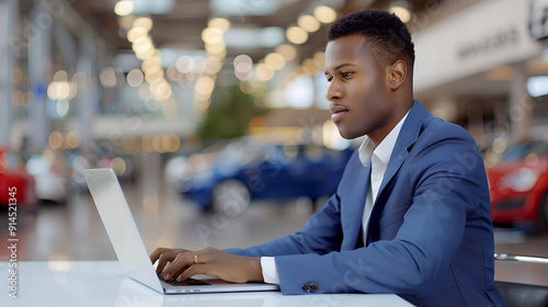African american salesman in white shirt and blue suit jacket is using laptop at car showroom. Professional salesperson working in auto dealership.