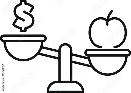 Line art icon of a balance scale comparing the value of money and an apple