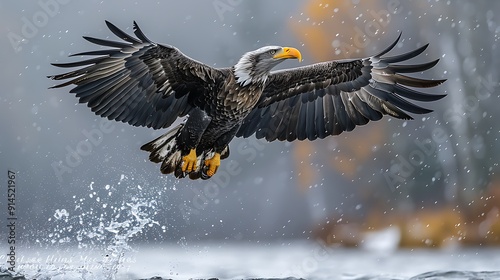 Powerful image of Steller's Sea Eagle Haliaeetus pelagicus soaring over frigid water of North Pacific impressive wingspan formidable talon symbolic of strength resilience of threatened bird of prey photo