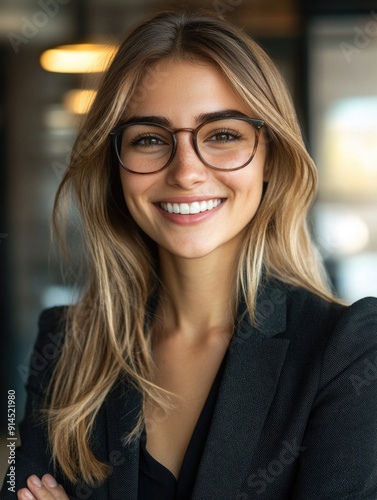 A woman wears glasses and a black blazer