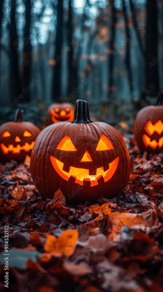 Spooky Halloween Pumpkins in Foggy Night Forest