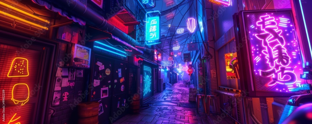 Cyberpunk alleyway with neon signs and holographic advertisements, 4K hyperrealistic photo Cyberpunk alleyway with neon signs and holographic advertisements, 4K hyperrealistic photo