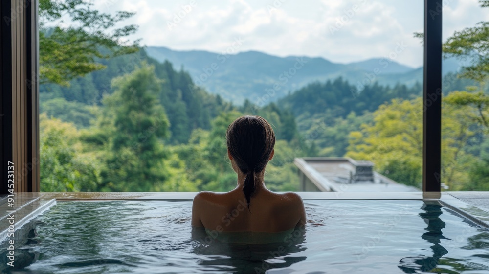 Tranquil Woman Relaxing in Natural Hot Spring Bath Overlooking Majestic Mountain Views Tranquil Woman Relaxing in Natural Hot Spring Bath Overlooking Majestic Mountain Views