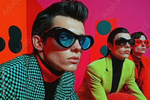 Retro Futuristic Fashion Models Wearing Bold Sunglasses Against a Vibrant Geometric Background