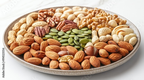 Nutritious Plate of Assorted Nuts and Seeds Rich in Protein and Calcium, Healthy Eating Concept, Close-up View