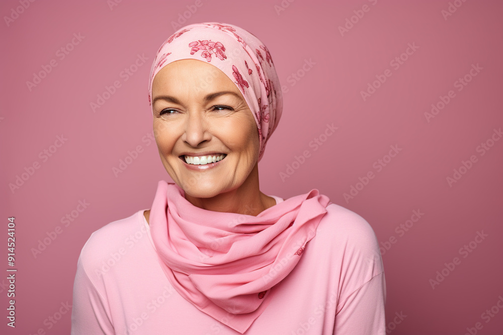 Middle-aged woman cancer patient wearing headscarf and smiling, cancer Middle-aged woman cancer patient wearing headscarf and smiling, cancer