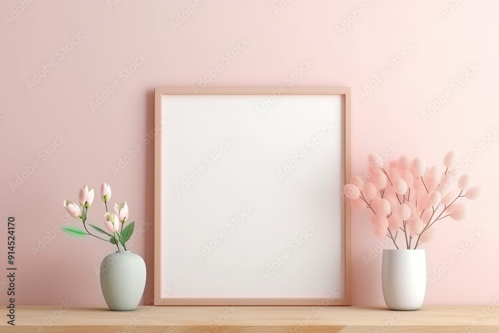 Mockup frame in light pastel interior Mockup frame in light pastel interior