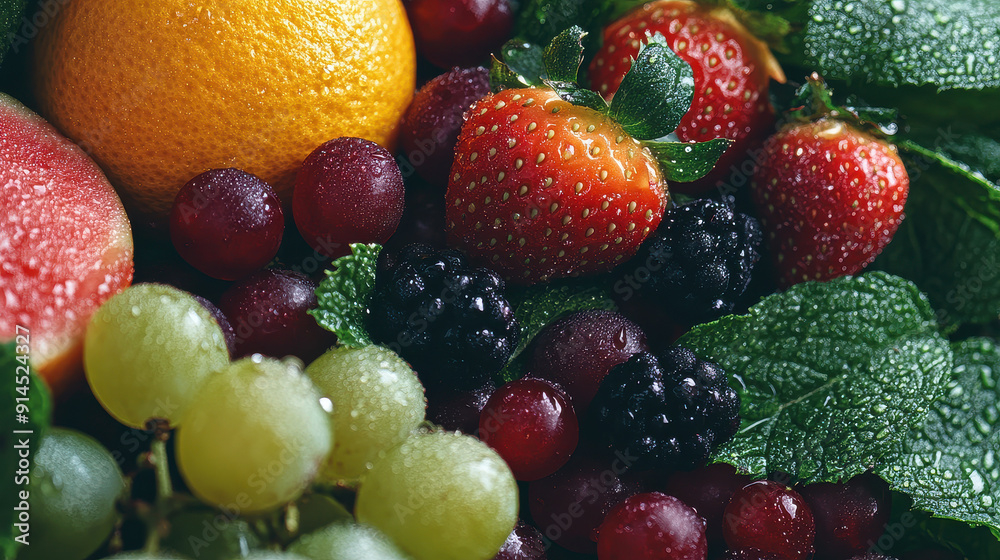 A vibrant composition of assorted fruits, including strawberries, grapes, blackberries, and an orange, is accented by fresh mint leaves, highlighting natural freshness. A vibrant composition of assorted fruits, including strawberries, grapes, blackberries, and an orange, is accented by fresh mint leaves, highlighting natural freshness.