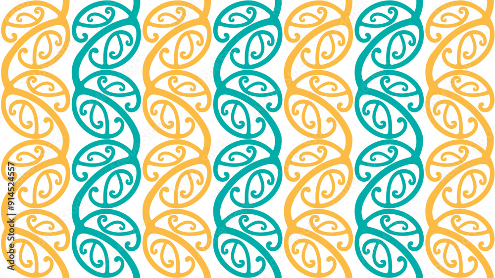 Tropical Seamless Traditional Maori Rafter Pattern with Koru or Silver Fern Fiddlehead Curves