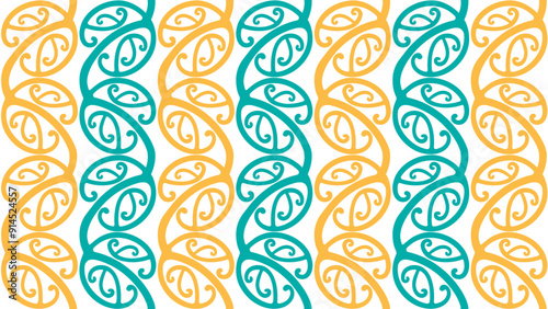 Tropical Seamless Traditional Maori Rafter Pattern with Koru or Silver Fern Fiddlehead Curves