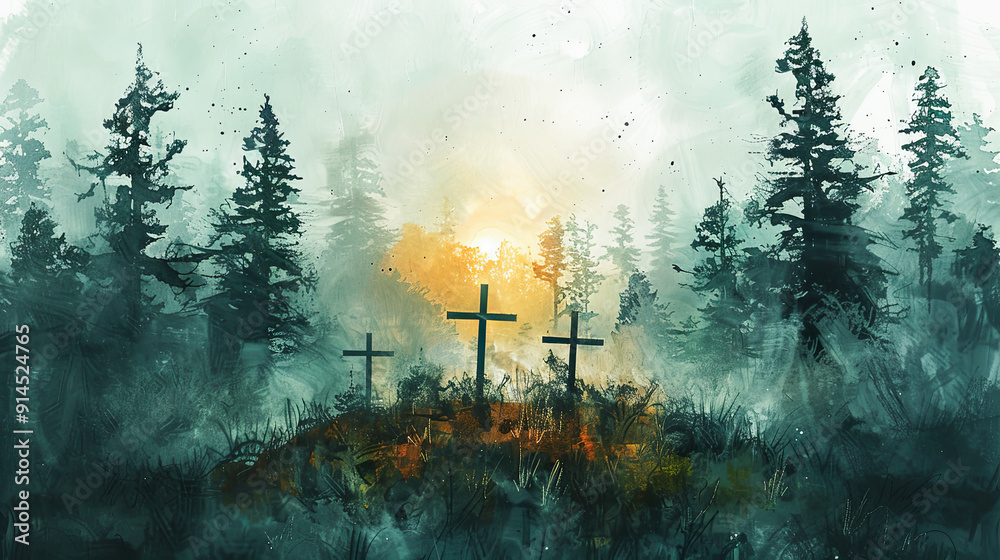 Fototapeta premium Three crosses on hill silhouette against dramatic sunset sky religion faith christianity god jesus christ easter christian hope love spirituality belief symbol heaven spiritual light