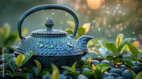 Warm cup of tea with teapot, green tea leaves on the wooden desk at morning in plantations photo