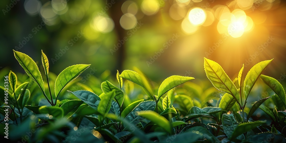 Green tea leaves in a tea plantation in morning , Tea plantations at dawn